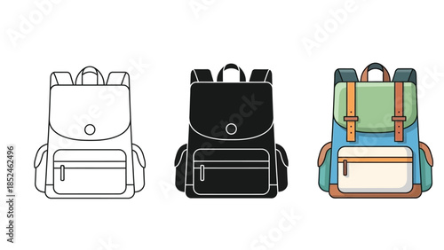 Set of three backpack icons outline, solid black and colored illustration, perfect for school or travel design elements