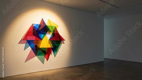 A vibrant abstract geometric sculpture made of colorful translucent triangles is dramatically lit by a spotlight on a white gallery wall, casting