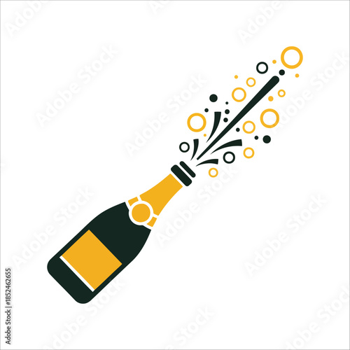 Graphic illustration of a champagne bottle popping with festive bubbles and a celebratory burst.