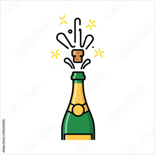 Celebratory champagne bottle explodes with colourful burst of sparkle and cheer, surrounded by vibrant swirl and flames in a brilliant caricature style