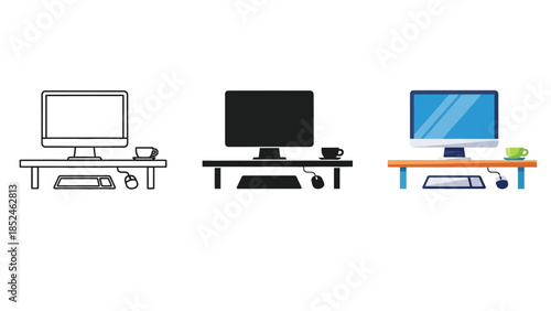 Set of three computer monitor desk setups outline, silhouette and full color illustration for workspace and technology concepts