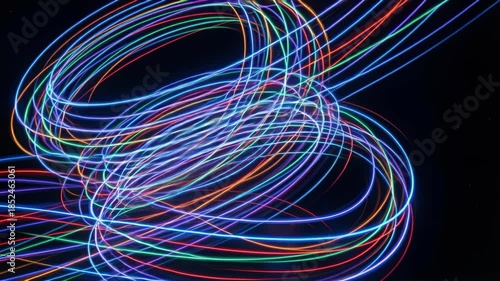 Abstract Swirling Trails of Multicolored Lights Create Dynamic Motion Against a Dark Black Background