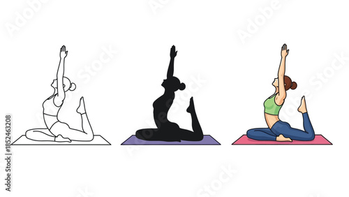 Set of three illustrations of a woman performing the one legged king pigeon yoga pose eka pada rajakapotasana in outline, silhouette and full color versions