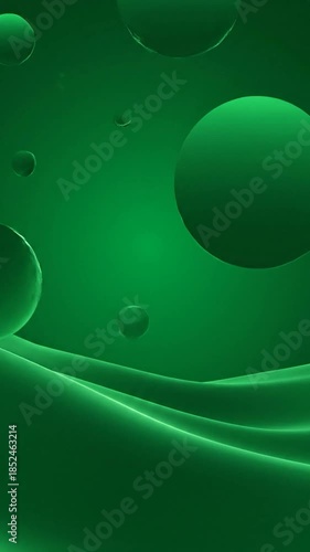 Abstract digital art in shades of green with floating orbs and flowing lines