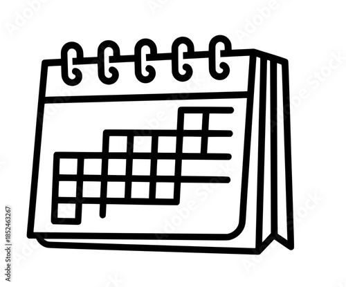 A black line drawing of a calendar with a grid layout and spiral binding at the top on a white background