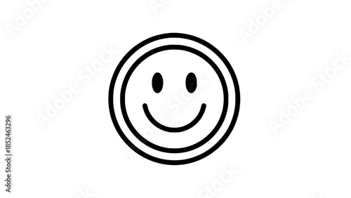 Smiling face emoticon with two black circles for eyes and a curved line for mouth in a circular outline on white background