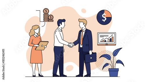 Business professionals shaking hands in modern office setting with financial graphics