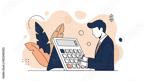 Businessman working on large calculator in modern office setting