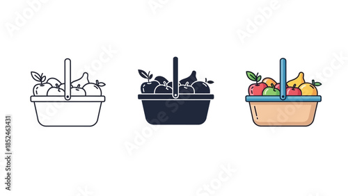 Fruit basket icon set outline, solid and color line style illustrations of fresh produce in a wicker basket for grocery or healthy eating design
