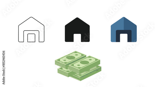 Set of three house icons in outline, solid black and flat blue color styles next to a stack of green banknotes representing real estate investment or home financing concept
