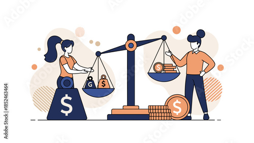 Business professionals balancing finance and product scales