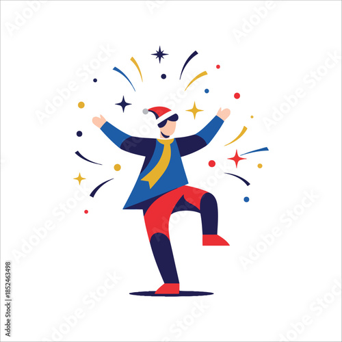 A vibrant mascot explodes with cheer and colourful sparkle in a lively disco dance, surrounded by swirling signs and flames