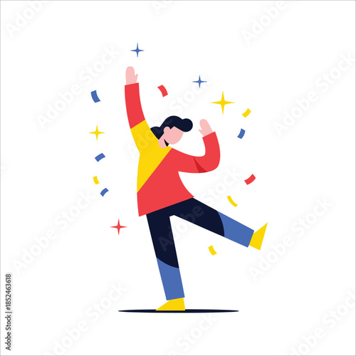 A person dancing with colourful signs and confetti bursting around them in a cheer scene with a disco ball and flames