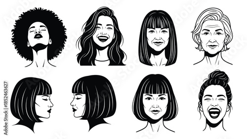 Diverse group of women with different hairstyles and expressions in black and white