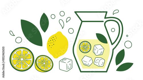 Refreshing Lemonade Pitcher with Ice Cubes and Sliced Lemons Illustration