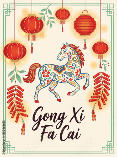 Vibrant Lunar New Year Celebration with Colorful Horse Illustration, Red Lanterns, and Traditional Greeting Gong Xi Fa Cai