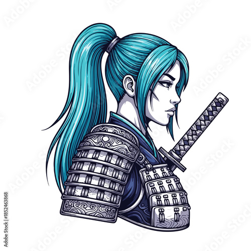 Female Samurai Warrior with Teal Hair and Katana Sword.
