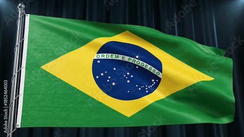 A waving flag displays Brazil's design of green, yellow, blue, white, and text