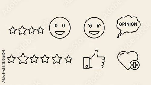 Black line icons of ratings, emojis, opinion, thumbs