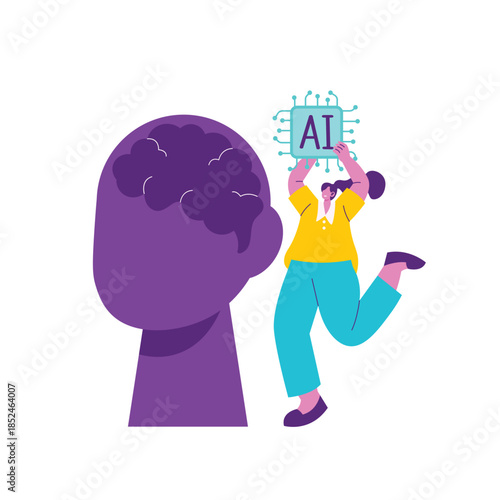 Purple Brain Beside Person Holding AI Circuit Display.