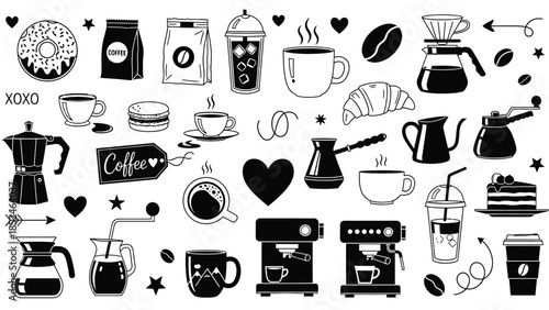 Black and white coffee icons and objects illustration set with hearts and stars