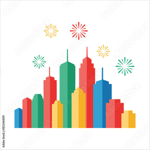 Vibrant cityscape with colourful skyscrapers and burst of fireworks, signs of cheer and teamwork, clip art style, invitation to a brilliant celebration
