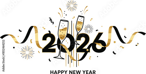 Happy New Year 2026 black numbers with golden champagne flutes ribbons and fireworks vector festive party celebration illustration.