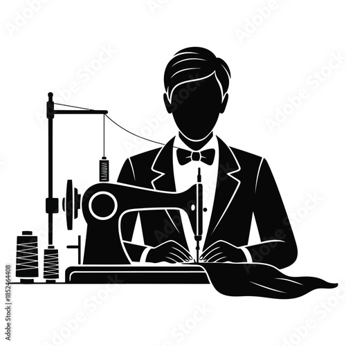 Male tailor at sewing machine silhouette of seamster working on clothing design fashion industry occupation black and white vector art