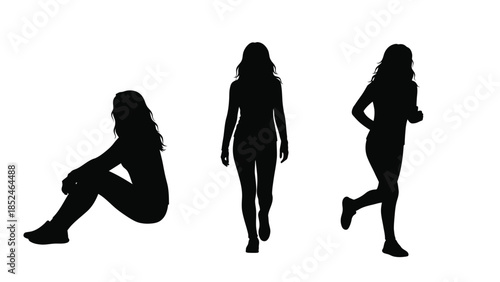 Three black silhouettes of women in different poses on white background