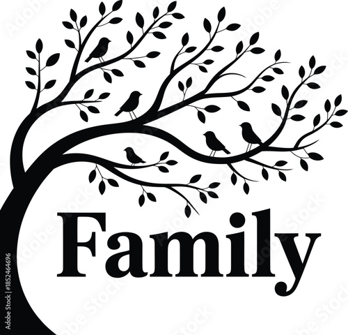 Family tree with birds sitting on branches vector illustration silhouette