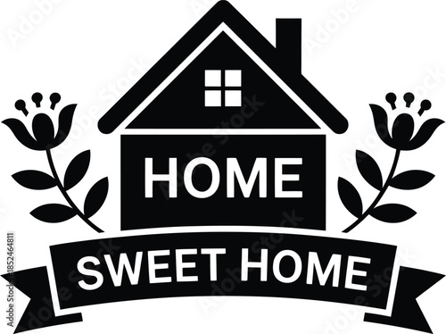 Home sweet home with house and flower illustration on transparent background