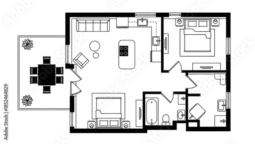 Modern apartment floor plan with living room and bedroom layout