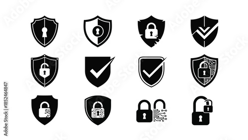 Collection of security shield and lock icons for protection