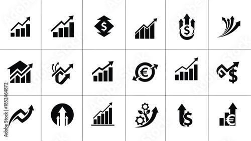 Collection of black business growth icons on white background