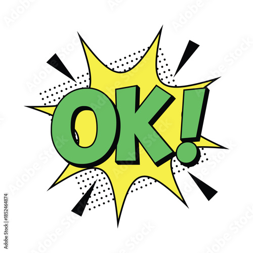 Vibrant Green OK Exclamation Burst in Comic Book Style.