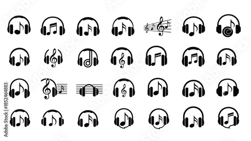 Collection of headphones with musical notes icons