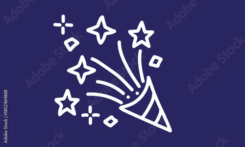 White Party Popper Exploding with Stars on Dark Blue Background