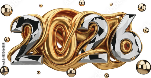 New Year 2026 faceted silver numbers wrapped in swirling liquid gold with floating metallic spheres luxury vector illustration.