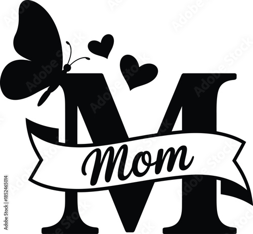 Mom Initial M monogram featuring butterfly and hearts decoration with name banner