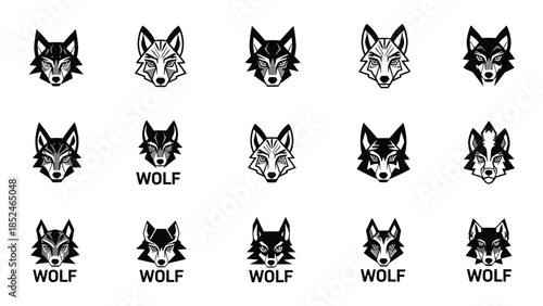 Collection of fifteen different wolf head illustrations in black and white