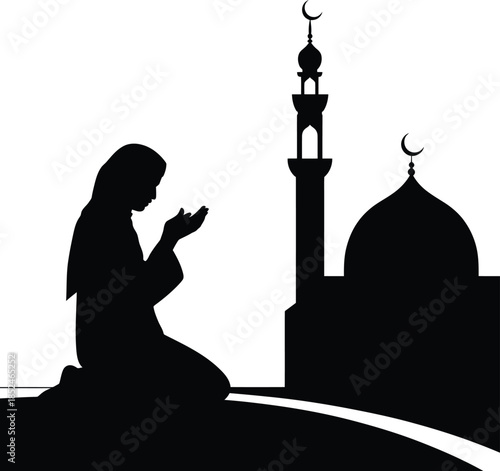 Silhouette of muslim woman praying near mosque on transparent background vector illustration