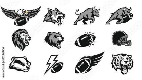 Collection of football mascot logos in black and white