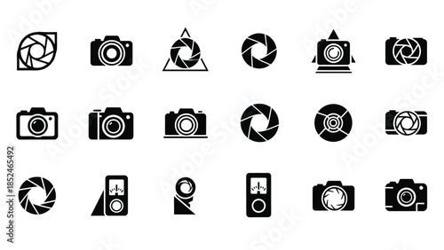 Collection of black camera icons on white background