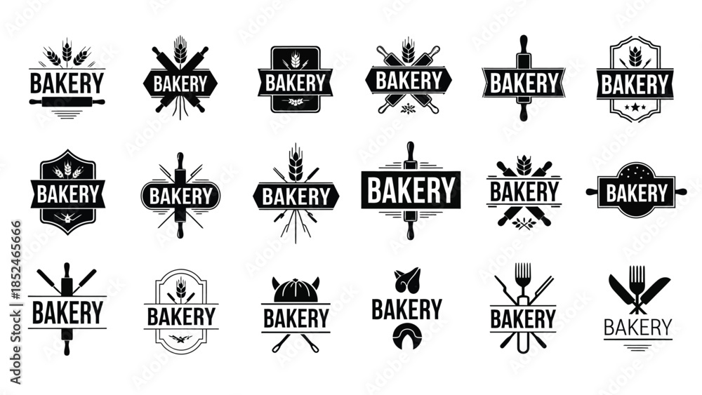 Obraz premium Collection of black and white bakery logos with various design elements