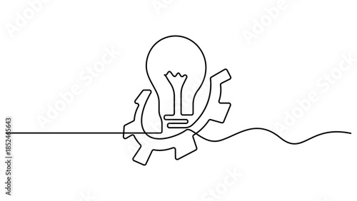 Continuous one single line drawing innovation Light bulb and gears inside icon vector illustration . One single line drawing of lightbulb with metal gear wheel inside .Training and workshop concept