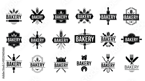 Collection of black and white bakery logos with various design elements