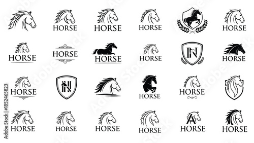 Collection of black and white horse logos and emblems