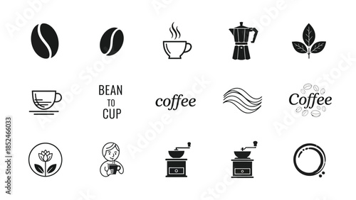 Collection of coffee icons and logos for branding and design