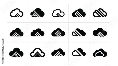 Collection of black cloud icons on white background