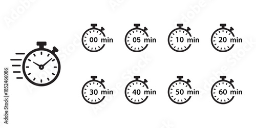 Stopwatch timer icon set, black and white outline, with a detailed watch face and a collection of simple circular timers indicating intervals from 00 to 60 minutes.  